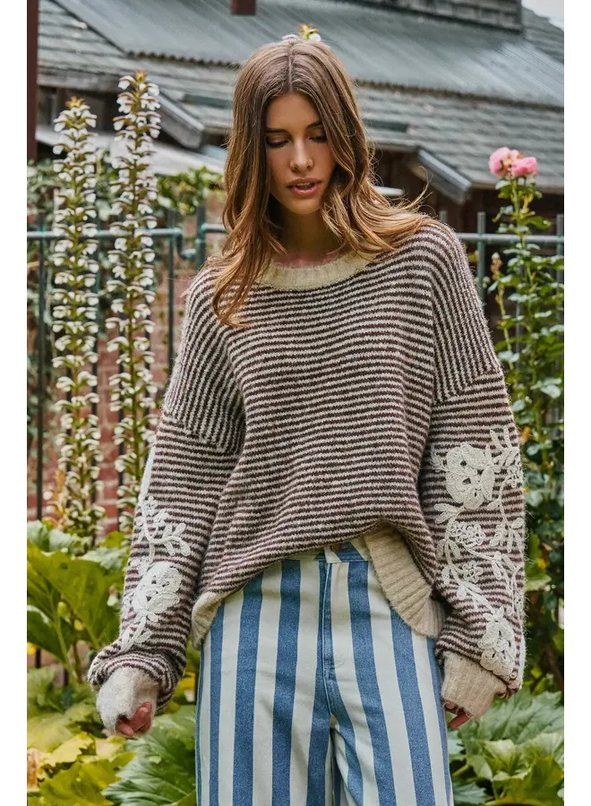 STRIPES IN BLOOM EMBROIDERED KNIT TOP