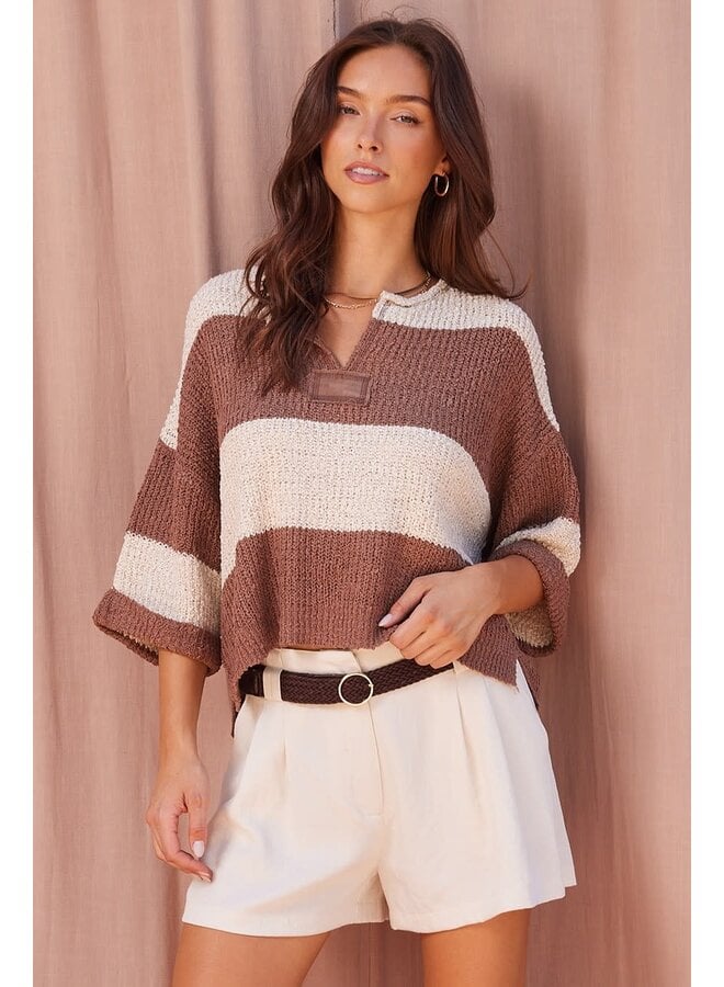 SOFT KNIT ENERGY STRIPED CROP TOP-OATMEAL/COCOA