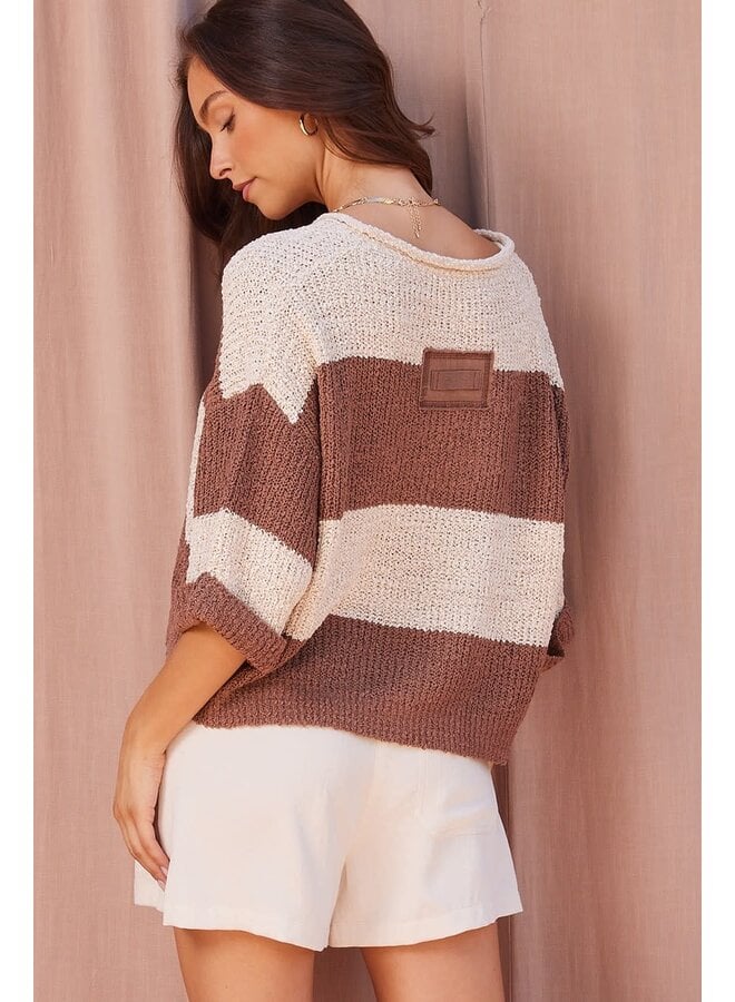 SOFT KNIT ENERGY STRIPED CROP TOP-OATMEAL/COCOA