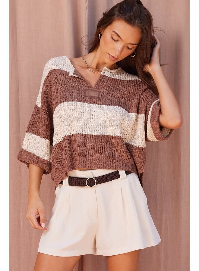 SOFT KNIT ENERGY STRIPED CROP TOP-OATMEAL/COCOA