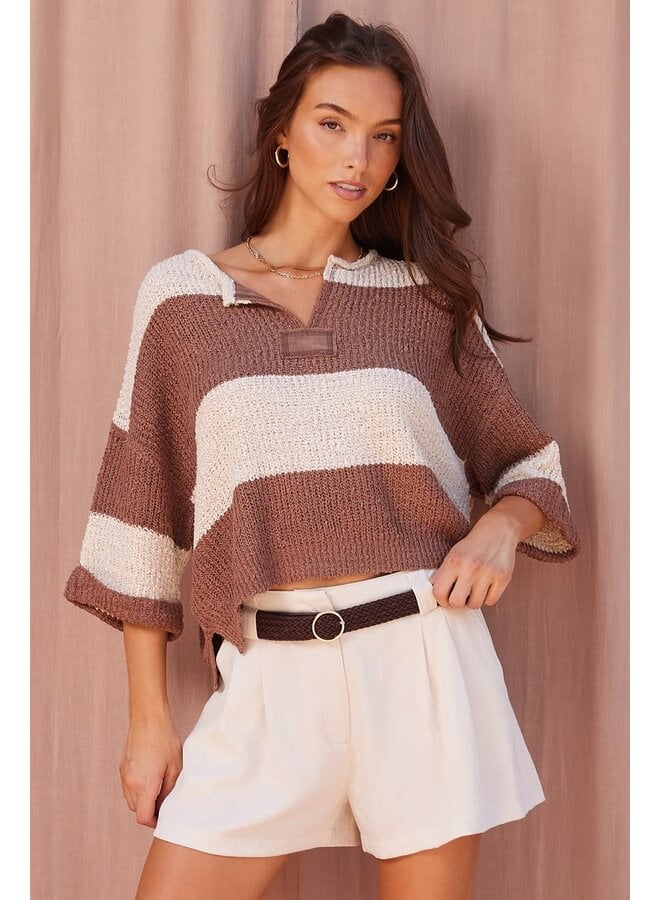 SOFT KNIT ENERGY STRIPED CROP TOP-OATMEAL/COCOA
