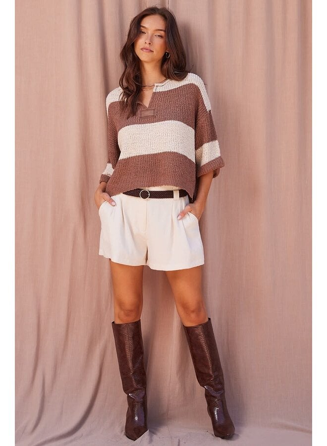 SOFT KNIT ENERGY STRIPED CROP TOP-OATMEAL/COCOA