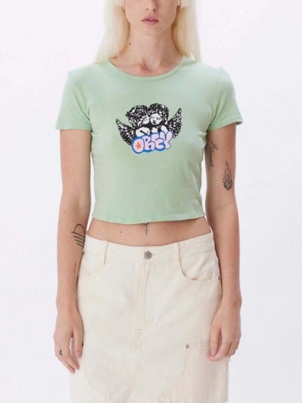Obey T-shirt femme cherub cheek kiss cropped green fig
