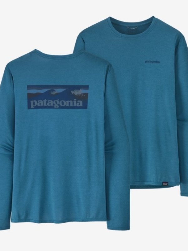 Patagonia Chandail long homme cap cool daily graphic boardshort logo: wavy blue X-dye