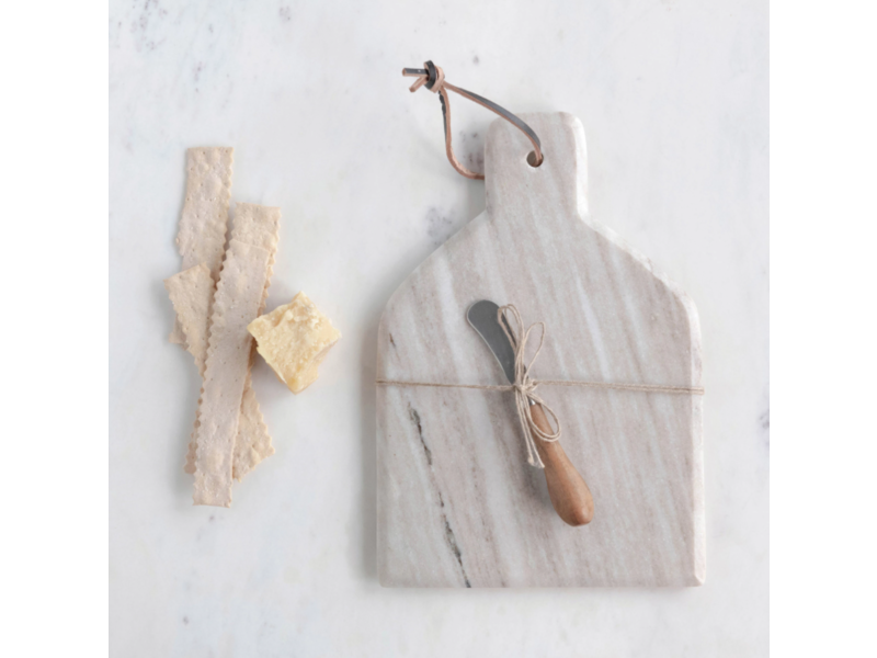 Creative Co-OP Marble Cheese/Cutting Board with Canape Knife, Sand Color, Set of 2