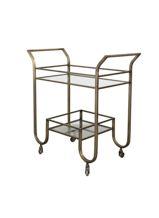 Metal 2-Tier Bar Cart on Casters with Glass Shelves, Antique Brass Finish