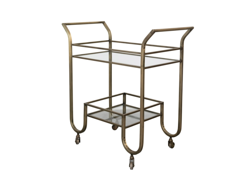 Creative Co-OP Metal 2-Tier Bar Cart on Casters with Glass Shelves, Antique Brass Finish