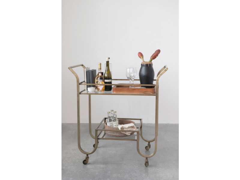 Creative Co-OP Metal 2-Tier Bar Cart on Casters with Glass Shelves, Antique Brass Finish