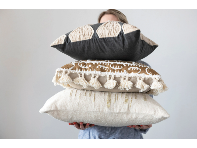 Creative Co-OP Woven Cotton Lumbar Pillow with Gold Metallic Thread Embroidery