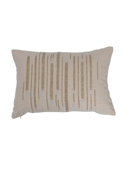 Woven Cotton Lumbar Pillow with Gold Metallic Thread Embroidery