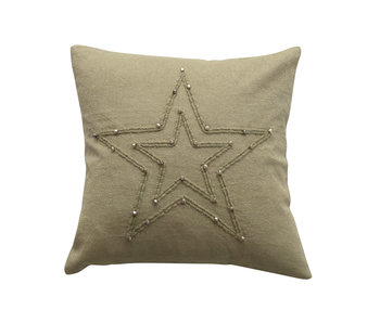 Square Cotton Blend Pillow with Applique Star and Jingle Bells, Sage and Silver Color