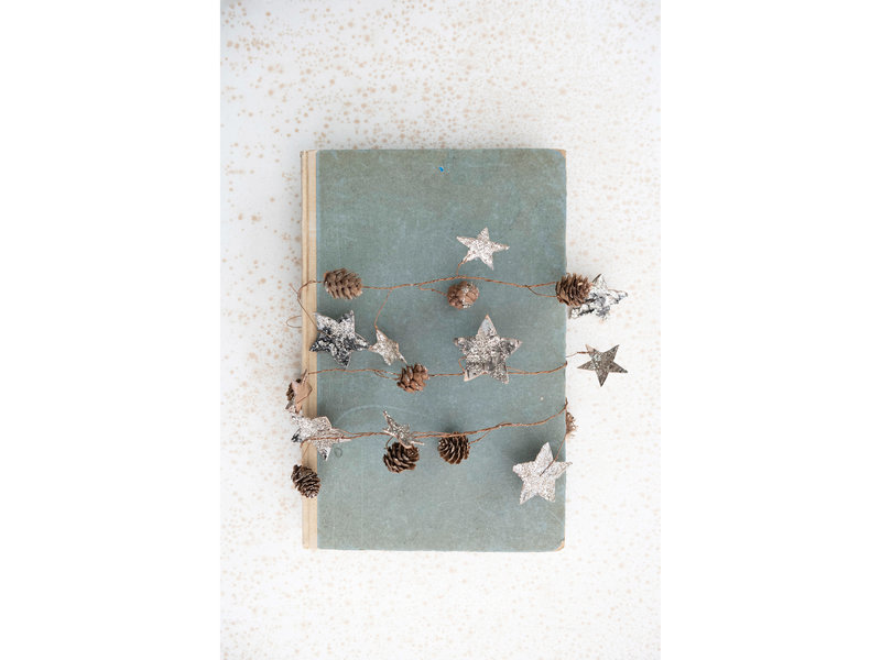 Creative Co-OP Birch Bark Stars & Pinecones Garland with Glitter, Natural & Silver Finish