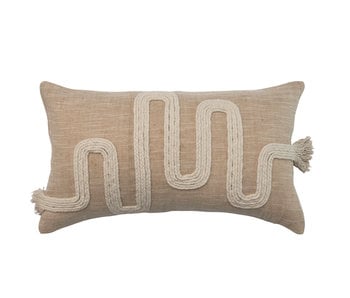 Cotton & Jute Lumbar Pillow with Embroidery & Fringe