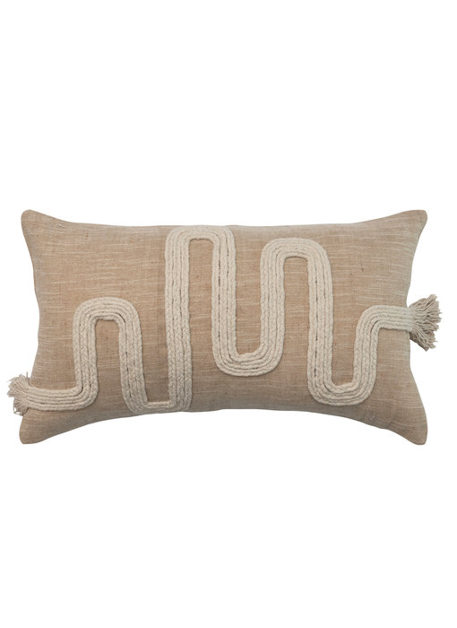 Cotton & Jute Lumbar Pillow with Embroidery & Fringe
