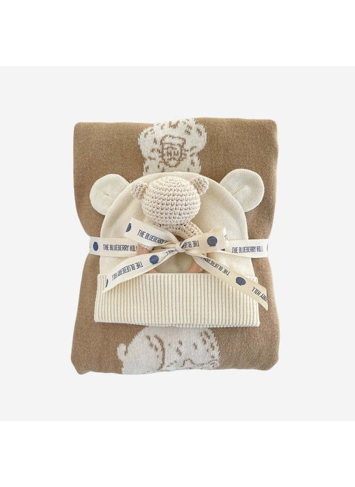 Honey Bear Baby Gift Set | Blanket, Rattle Teether & Hat
