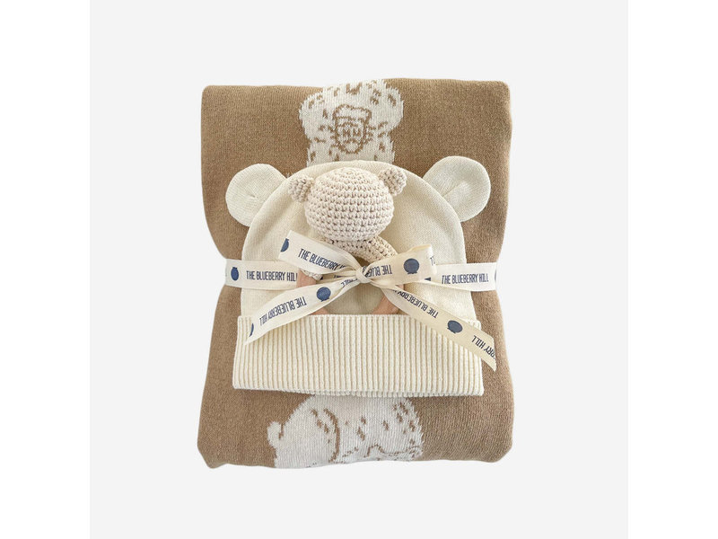 The Blueberry Hill Honey Bear Baby Gift Set | Blanket, Rattle Teether & Hat