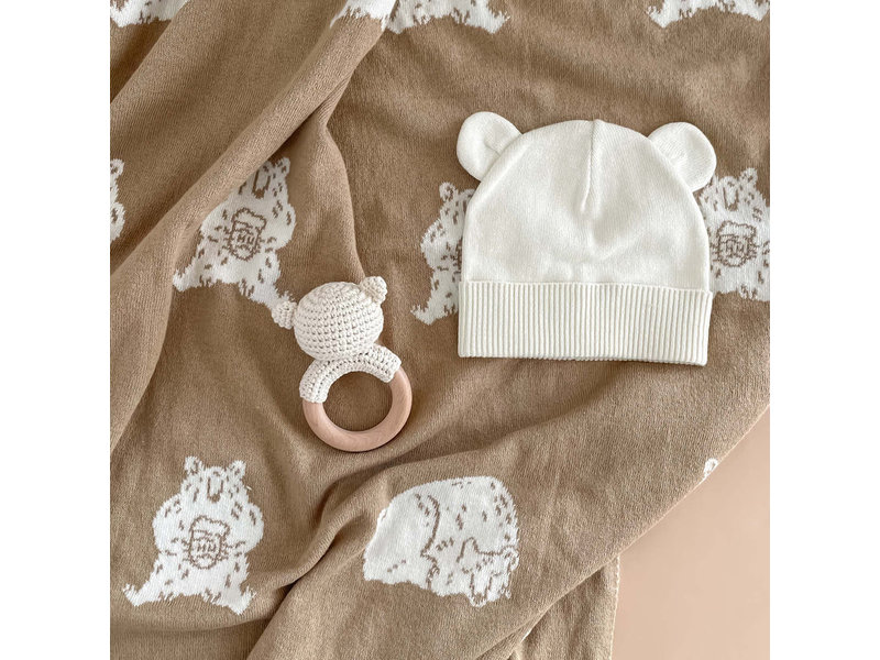 The Blueberry Hill Honey Bear Baby Gift Set | Blanket, Rattle Teether & Hat