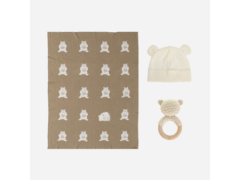The Blueberry Hill Honey Bear Baby Gift Set | Blanket, Rattle Teether & Hat