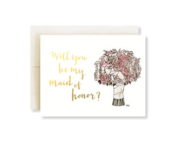 Maid of Honor Flower Bouquet Illustration Gold Foil Card
