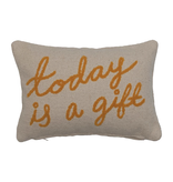 Creative Co-OP Embroidered Cotton Lumbar Pillow "Today is a Gift", 14"x9"