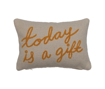 Embroidered Cotton Lumbar Pillow "Today is a Gift", 14"x9"