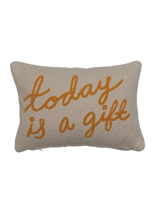 Embroidered Cotton Lumbar Pillow "Today is a Gift", 14"x9"