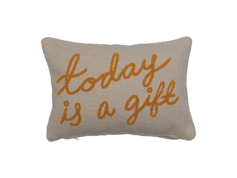 Creative Co-OP Embroidered Cotton Lumbar Pillow "Today is a Gift", 14"x9"