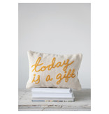 Creative Co-OP Embroidered Cotton Lumbar Pillow "Today is a Gift", 14"x9"