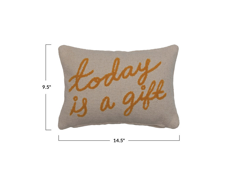 Creative Co-OP Embroidered Cotton Lumbar Pillow "Today is a Gift", 14"x9"