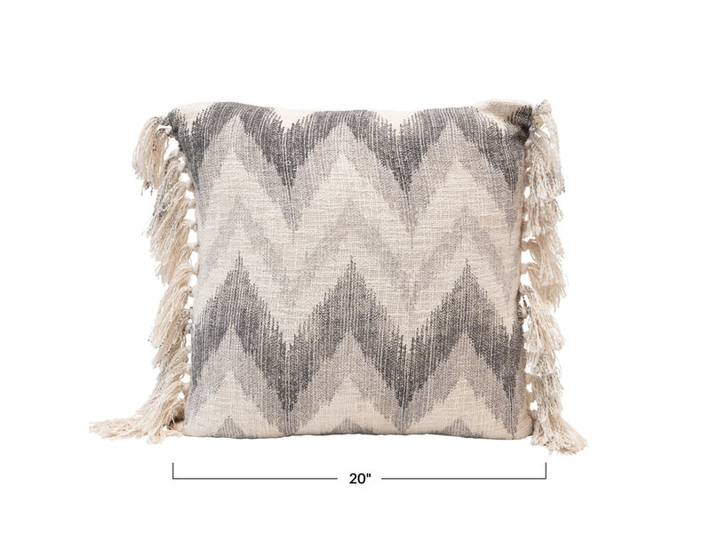 Creative Co-OP Stonewashed Cotton Slub Pillow w/ Chevron Print & Fringe, 20" Square