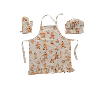 Cotton Child Apron with Gingerbread Print, Chef Hat and Hot Mitt, Set of 3