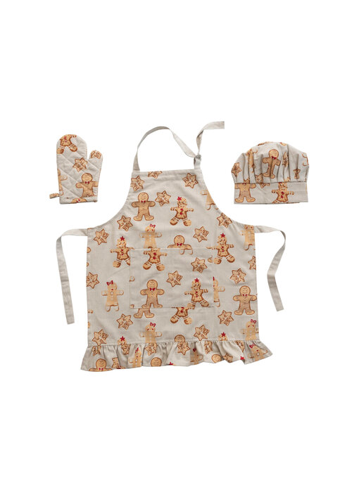 Cotton Child Apron with Gingerbread Print, Chef Hat and Hot Mitt, Set of 3