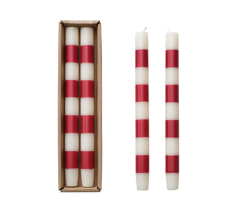 Taper Candles w/ Red & White Stripes in Box, Set of 2, 10"