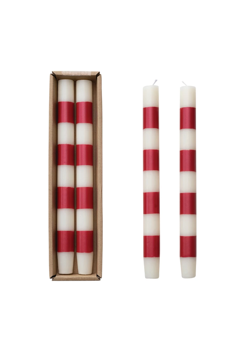 Taper Candles w/ Red & White Stripes in Box, Set of 2, 10"