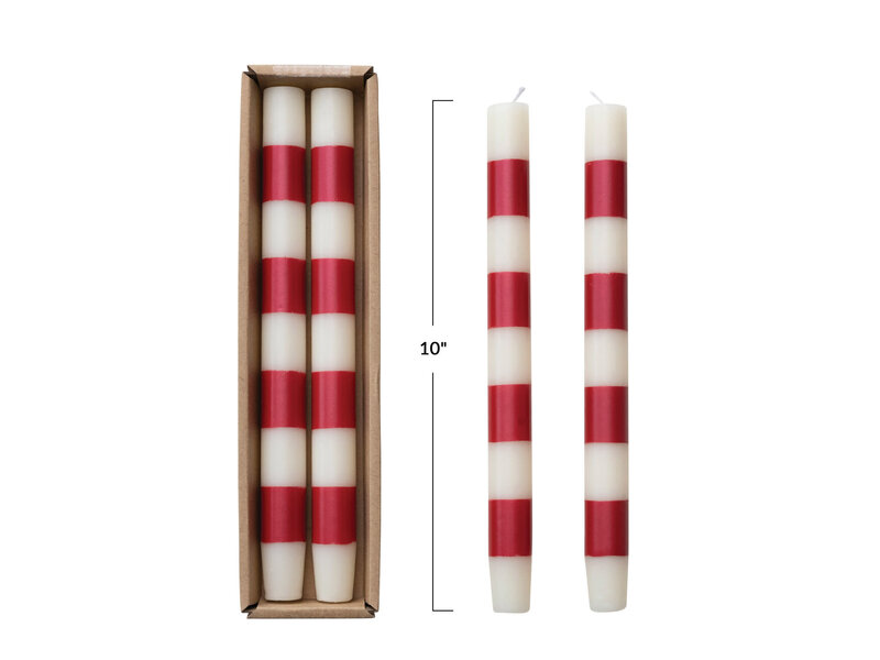 Creative Co-OP Taper Candles w/ Red & White Stripes in Box, Set of 2, 10"