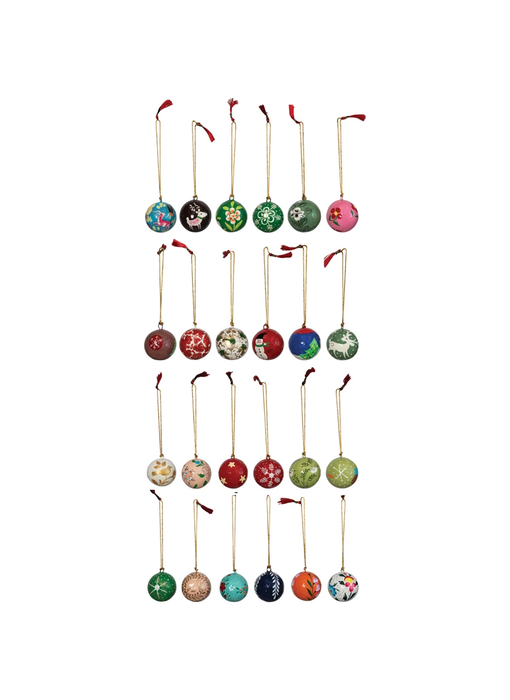 1" Round Hand-Painted Paper Mache Ball Ornaments, 24 assorted stlyes