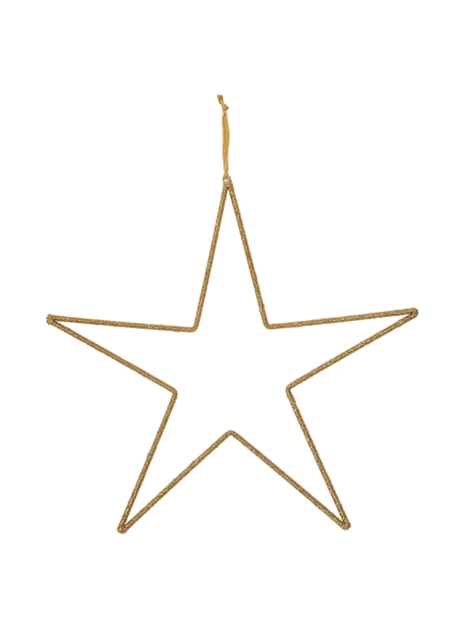 Hanging Metal & Glass Bead Star w/ Cotton Velvet Ribbon, Gold Finish, 20"x20"