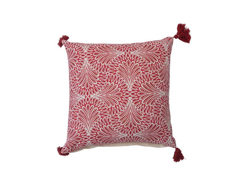 Creative Co-OP 18" Square Cotton Printed Pillow w/ Pattern & Tassels