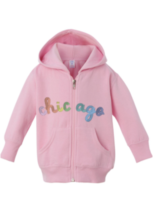 Pink hoodie w/ "Chicago" rainbow thread