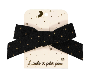 Princess Bow Hair Clip - Black Velvet Ribbon with Gold Dots