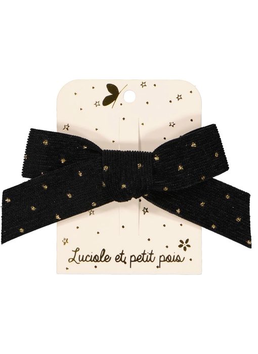 Princess Bow Hair Clip - Black Velvet Ribbon with Gold Dots