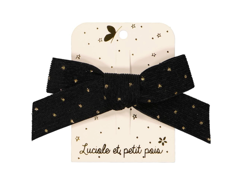 Luciole et Petit Pois Princess Bow Hair Clip - Black Velvet Ribbon with Gold Dots