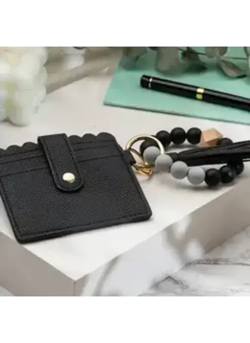 Leather Keychain Wallet With Wristlet Bangle Bracelet Black