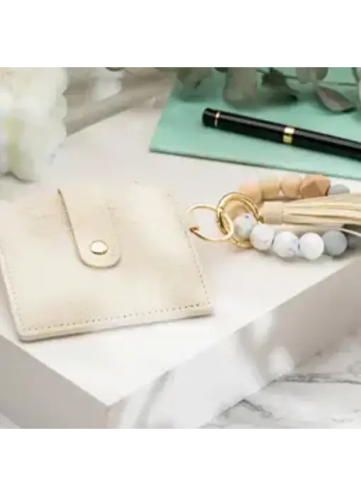 Leather Keychain Wallet With Wristlet Bangle Bracelet Light Cream