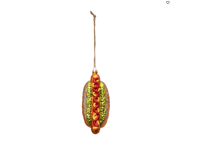 Creative Co-OP 6"H Hand-Painted Glass Hot Dog Ornament w/ Glitter