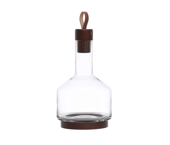 62 oz. Glass Carafe w/ Acacia Wood Base, Stopper & Leather Pull, Walnut Finish