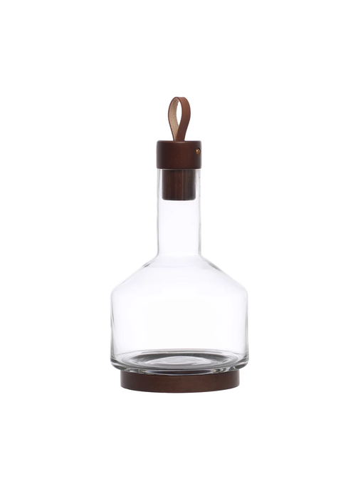 62 oz. Glass Carafe w/ Acacia Wood Base, Stopper & Leather Pull, Walnut Finish