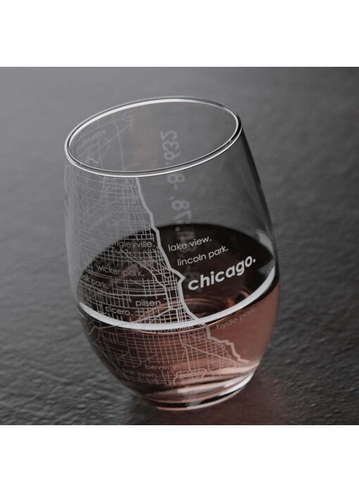 Chicago IL Map Stemless Wine Glass