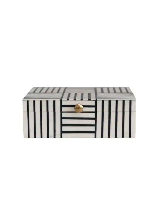 Resin Box w/ Striped Block Pattern & Gold Knob, Black & White