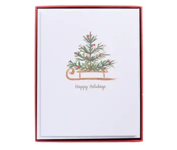 Watercolor Tree and Sleigh  Mid-Sized Holiday Boxed Cards